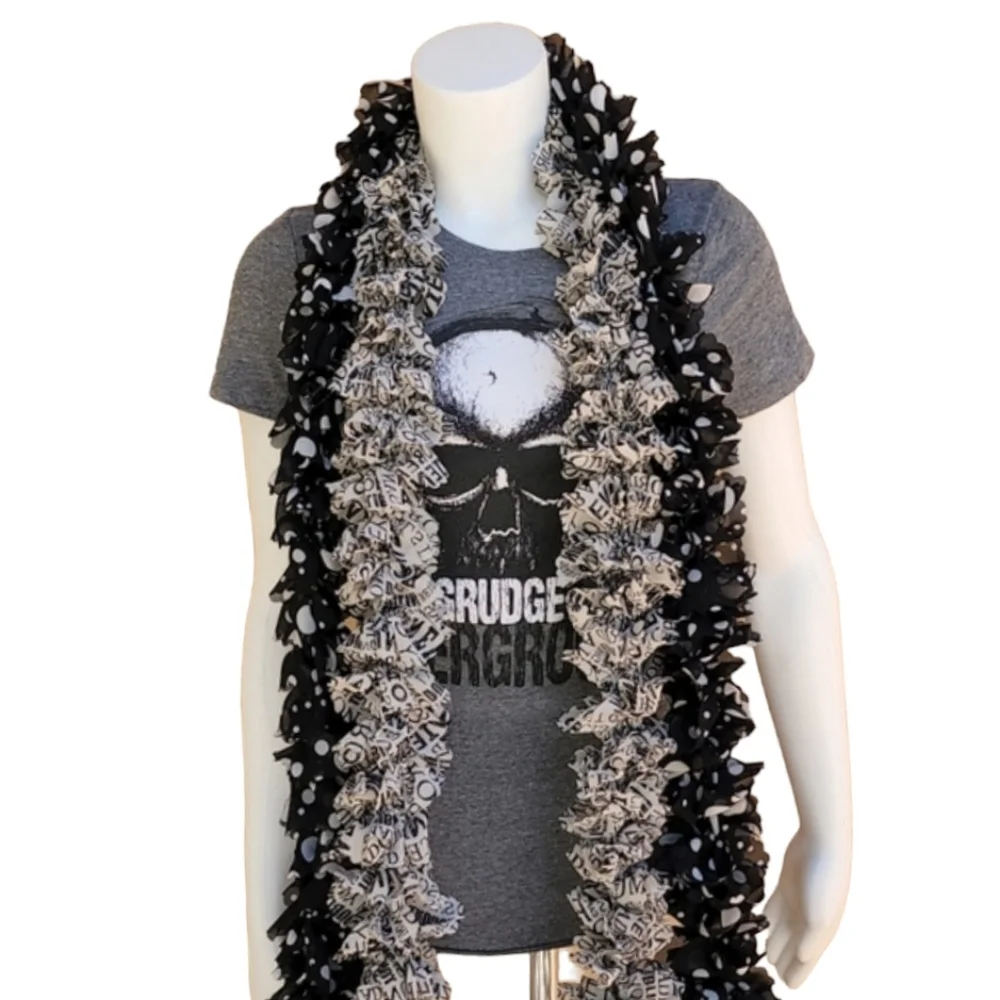 Vintage Handmade Chiffon Pom Pom Scarf Two Scarves Shreds Polka Dots US Cities